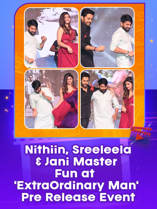 Hero Nithiin, Sreeleela and Jani Master Fun at Extra Ordinary Man Movie Pre Release Event